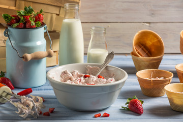 Healthy and fresh homemade strawberry ice cream