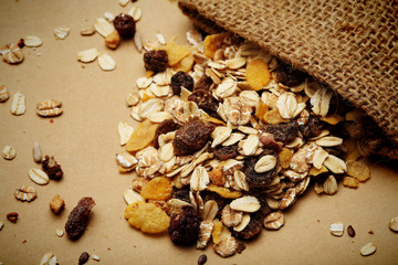 The cereal mix with prunes and raisins in sack for breakfast