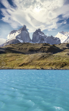 Pehoe mountain lake and Los Cuernos, Torres del Paine National Park, Chile