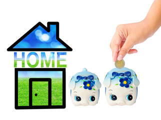 Money Saving with Piggy bank and home icon.