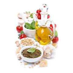 Italian pesto sauce and ingredients, isolated