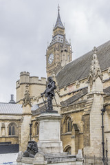 Statue of Oliver Cromwell in front of Parliament, London, UK.