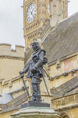 Statue of Oliver Cromwell in front of Parliament, London, UK.