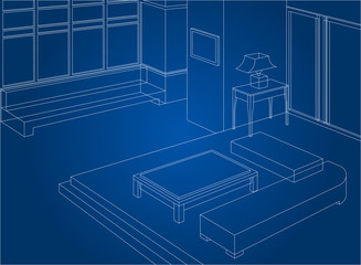 Wireframe living room interior scene background