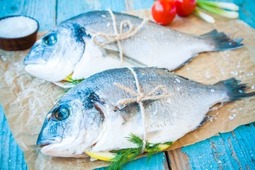 two raw dorada fishes with lemon, onions, tomatoes and sea salt