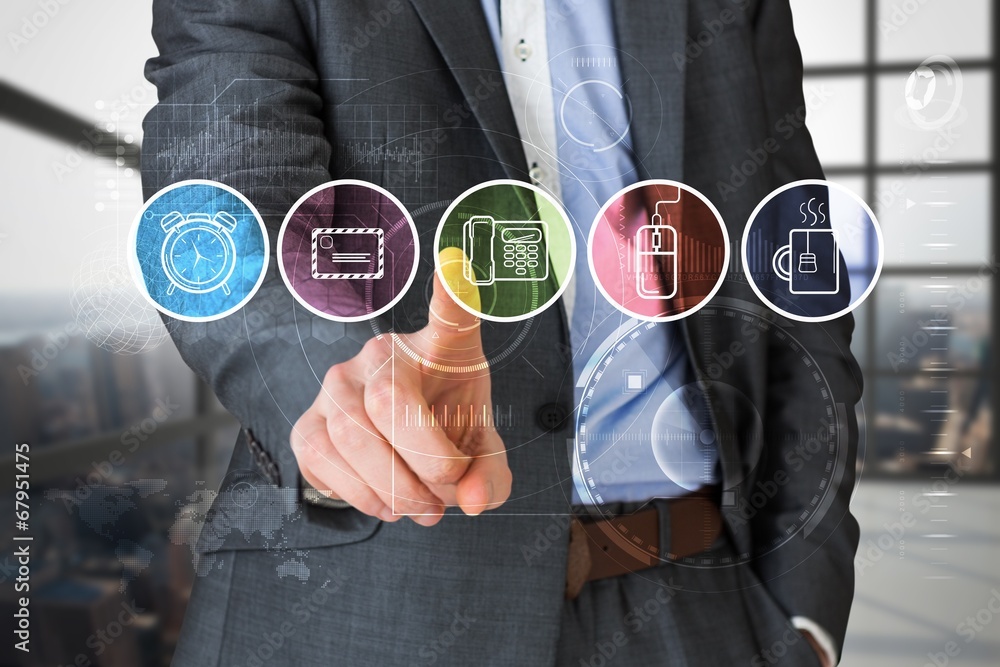 Poster composite image of businessman in grey suit pointing at menu