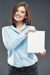 Smiling business woman show white blank card for sign.