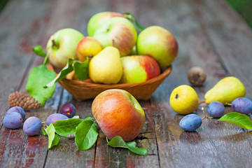 Apples, pears and plums on rustic table