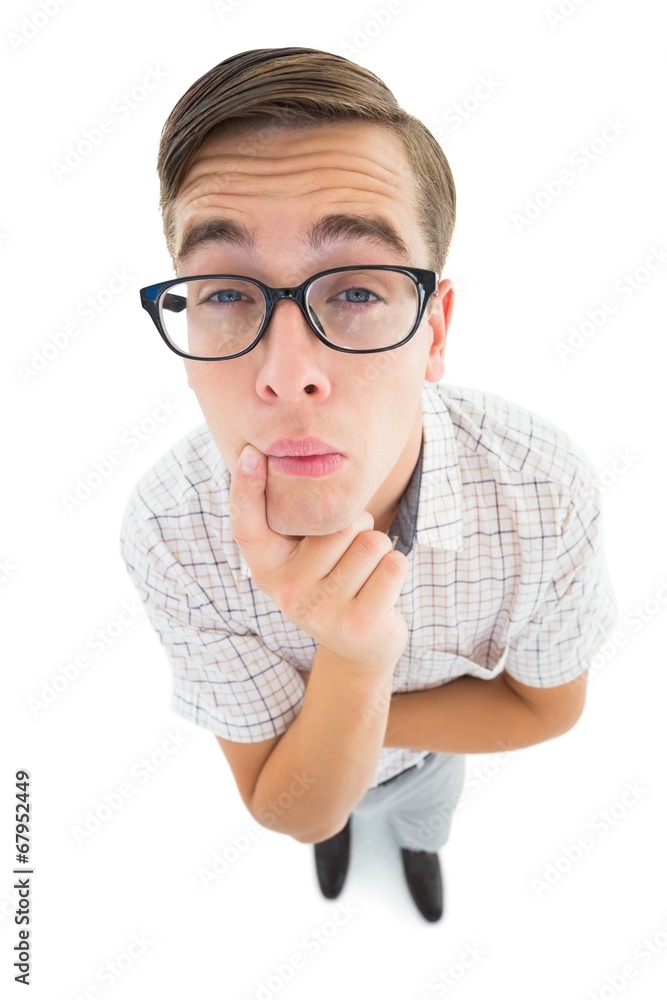 Poster geeky hipster thinking with hand on chin