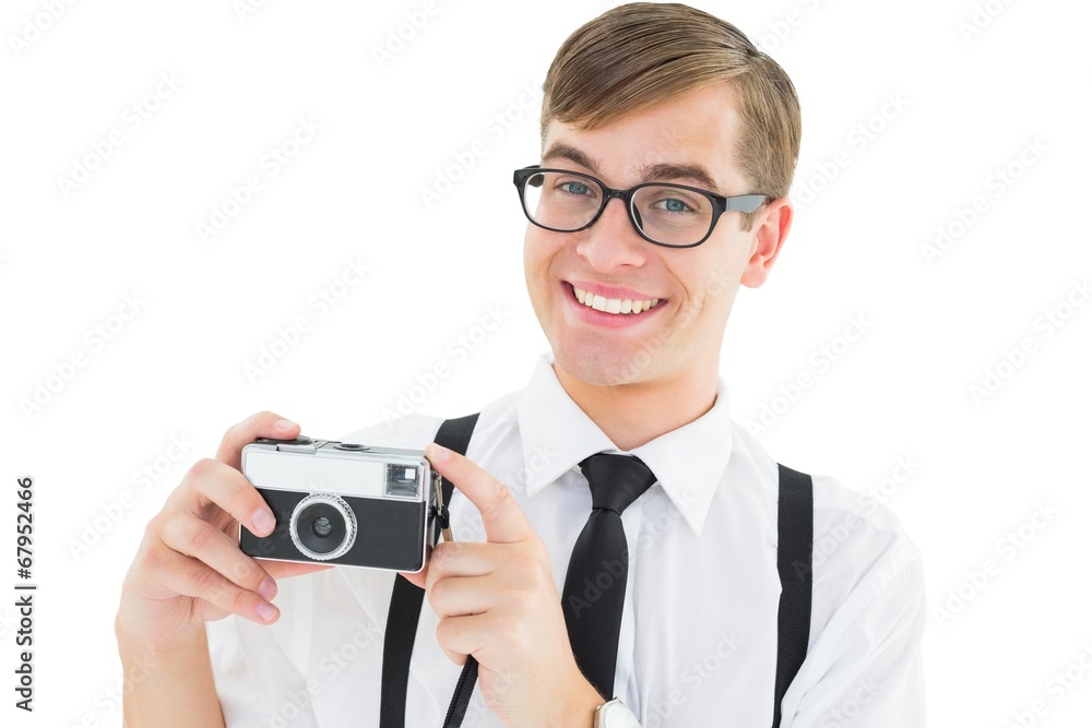 Poster geeky hipster holding a retro camera