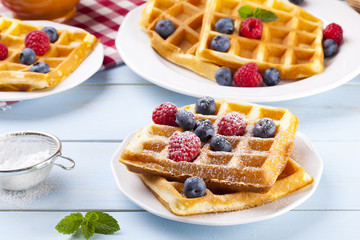 Homemade waffles with fruit