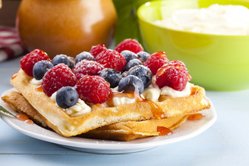 Homemade waffles with fruit