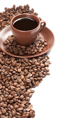 Coffee cup and beans on a white background