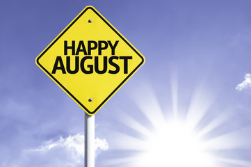 Happy August road sign with sun background