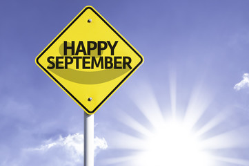 Happy September road sign with sun background