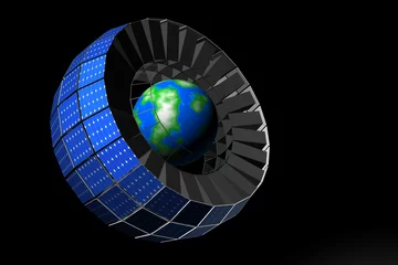 Foto auf Alu-Dibond Satelliet om aarde met zonnepanelen © emieldelange