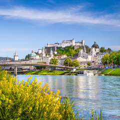 Old town of Salzburg with river Salzach in spring, Austria