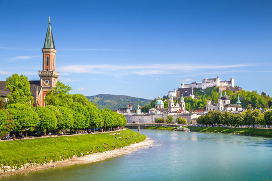 Salzburg Skyline With Salzach River In Spring, Austria