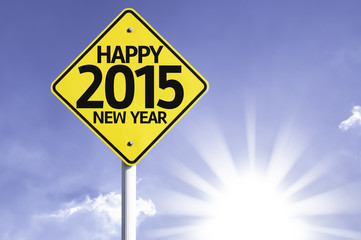Happy 2015 New Year road sign with sun background