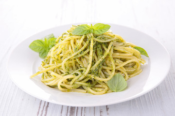 spaghetti and pesto sauce
