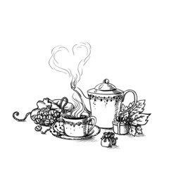 Set of tea cup in vintage style stylized