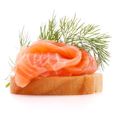 sandwich or canape with salmon on white background  cutout