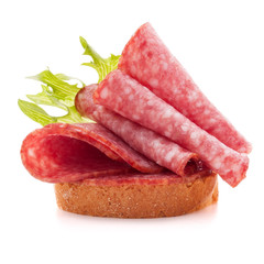 sandwich with salami sausage on white background  cutout