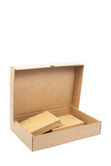 Brown paper box open.