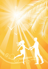 Summer yellow background with the sun, palm and couple in love