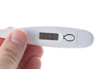Hand holding electronic thermometer