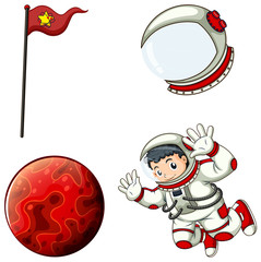 An astronaut, a helmet, a banner and a planet