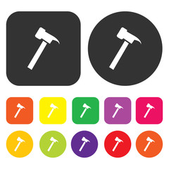 Hammer icon. Engineering symbol. Round and rectangle colourful 1