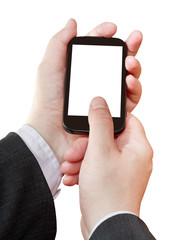 smartphone cut out screen in businessman hands