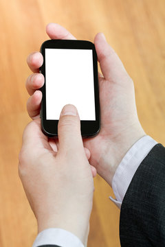 smart phone with cut out screen in male hands