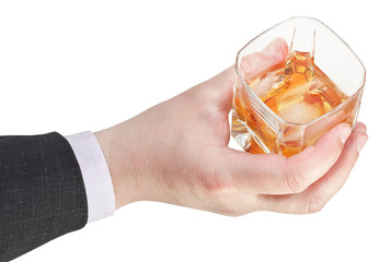 above view of whiskey glass in businessman hand