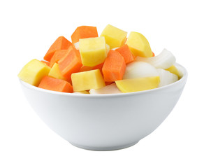 Diced potatoes, onions and carrots.