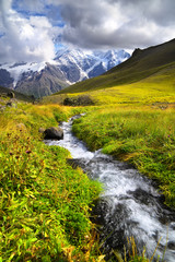River on mountain field. Beautiful natural landscape