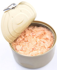 Pieces of tuna fish in a tin can over white background