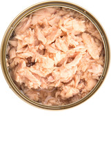Pieces of tuna fish in a tin can over white background