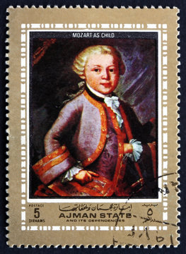 Postage stamp Ajman 1972 Wolfgang Amadeus Mozart as Child