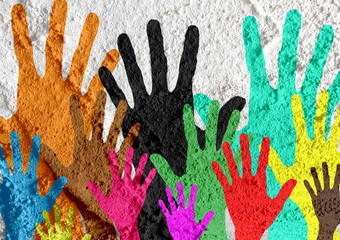 colorful silhouette hands on Cement wall texture background desi