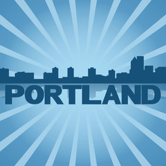 Portland skyline reflected with blue sunburst illustration
