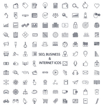 Set of lines of icons SEO, business, media, and science.
