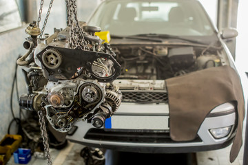 Car engine in the service