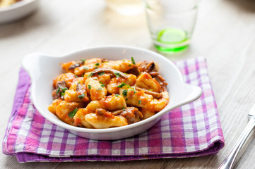 Gnocchi di patate conditi con sugo rosso e funghi porcini