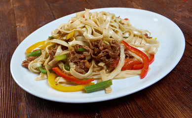 Beef slice  and udon-noodle.