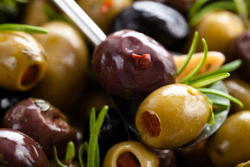 Marinated olives background.