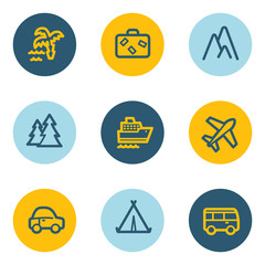 Travel web icon set 1, blue and yellow circle buttons