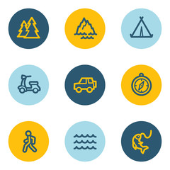 Travel web icon set 3, blue and yellow circle buttons