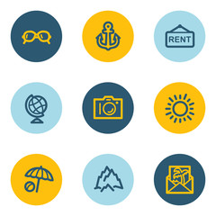 Travel web icon set 5, blue and yellow circle buttons